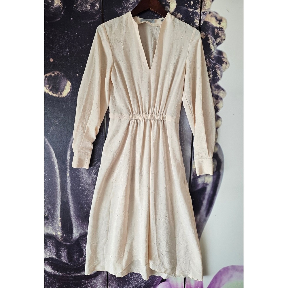 Vince Cream Crinkled V-Neck Long Sleeve Elastic Waist Midi Dress Womens XS